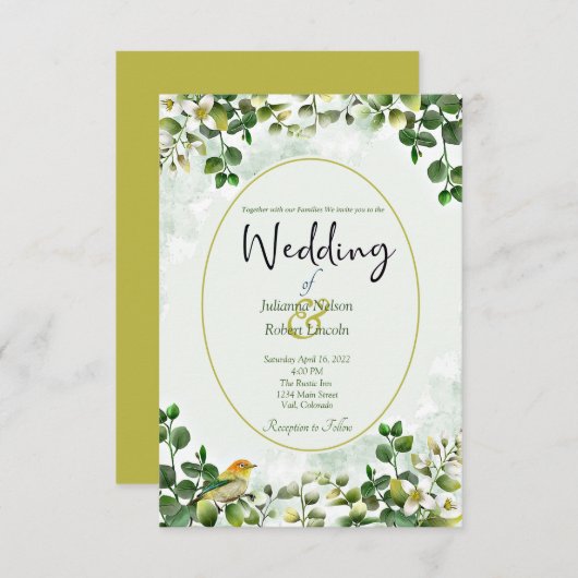 Eleganter Eukalyptus in grün und gold Hochzeitsinv Einladung (Vorne/Hinten)