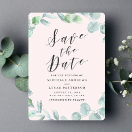 Eleganter Eukalyptus-Kranz Rosa Save-the-Date-Kart Save The Date