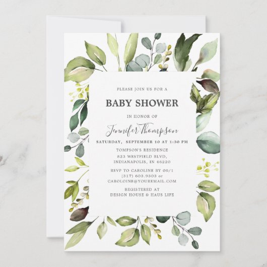 Eleganter Eukalyptus mit Greenery Baby Shower Einladung (Vorderseite)