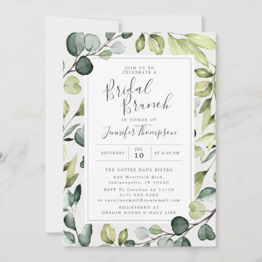 Eleganter Eukalyptus mit grünem Brautparty Einladung (Vorderseite)