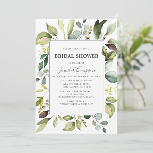 Eleganter Eukalyptus mit grünem Brautparty Einladung (Stehend Vorderseite)