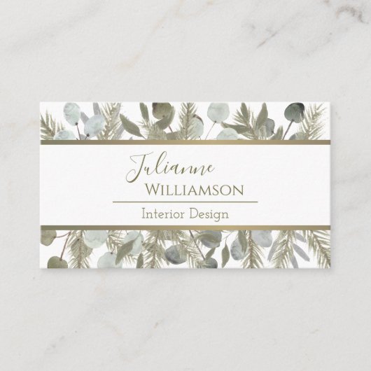 Eleganter Eukalyptus & Pine Sage & Gold QR Code Visitenkarte (Vorderseite)