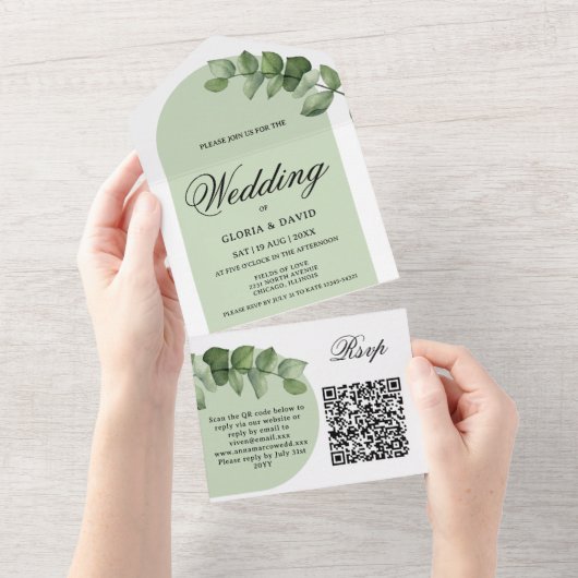 Eleganter Eukalyptus QR-Code All In One Einladung (Abreißtisch)