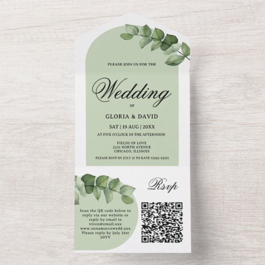 Eleganter Eukalyptus QR-Code All In One Einladung (Innen)