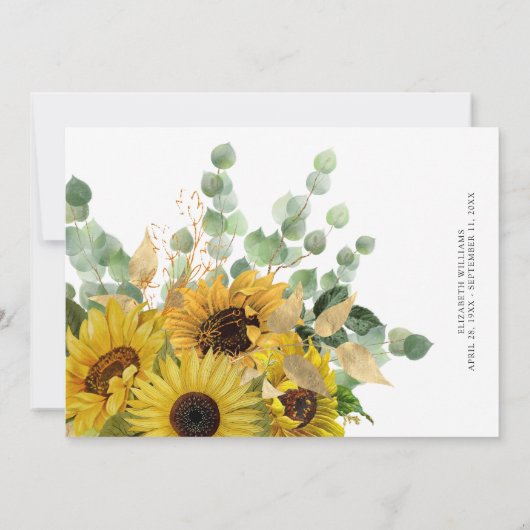 Eleganter Eukalyptus & Sonnenblumen Feier des Lebe Einladung (Rückseite)