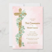 Eleganter Eukalyptus und rosa Kreuzrosa Erste Komm Einladung (Vorderseite)