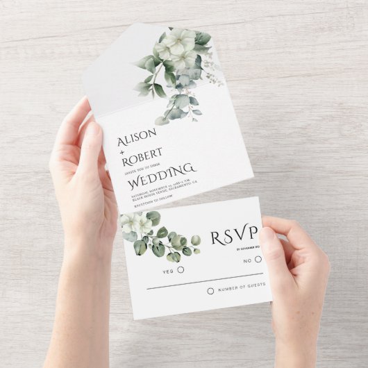 Eleganter Eukalyptus und weiße Blume Hochzeit All In One Einladung (Abreißen)