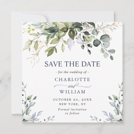 Eleganter Eukalyptus Watercolor Save the Date (Vorderseite)