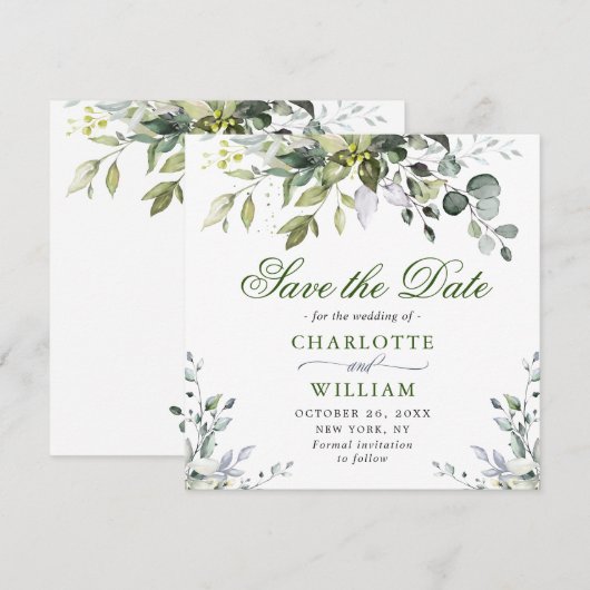 Eleganter Eukalyptus Watercolor Save the Date (Vorne/Hinten)