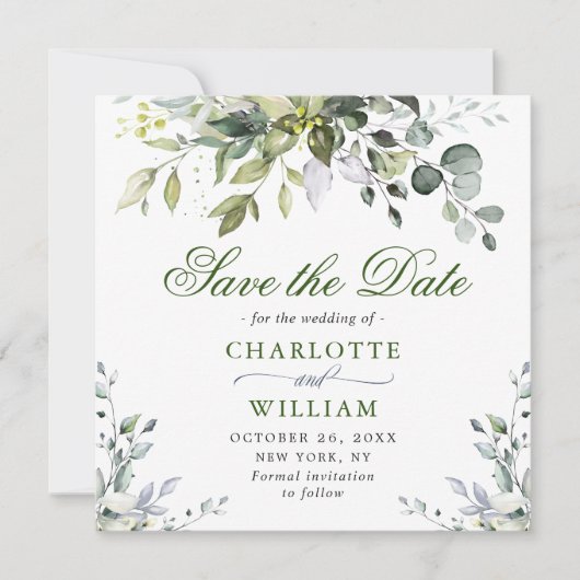 Eleganter Eukalyptus Watercolor Save the Date (Vorderseite)