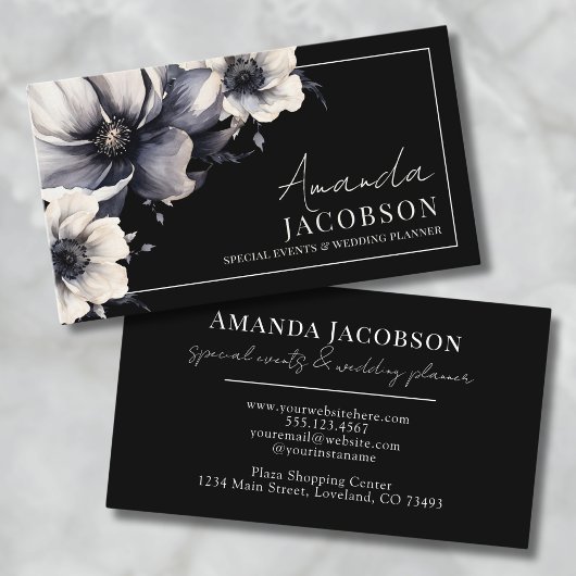 Eleganter Event Hochzeitsplaner Black Floral Visitenkarte