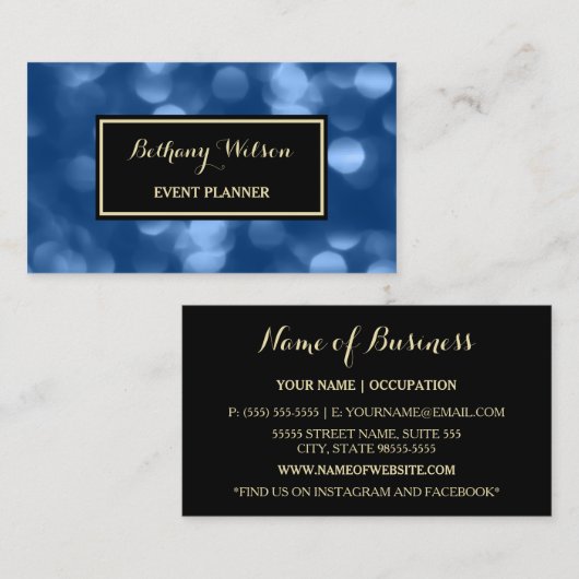 Eleganter Eventplaner Glamour Blue Luxe Bokeh Visitenkarte (Vorne/Hinten)