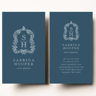 Eleganter Eventplaner mit Monogramm-Wappen Indigo Visitenkarte