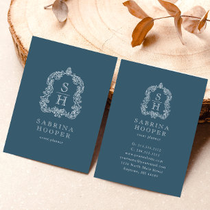 Eleganter Eventplaner mit Monogramm-Wappen Indigo- Visitenkarte