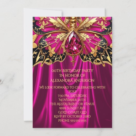Eleganter Exotic Birthday Hot Pink Gold Jewel Einladung (Rückseite)