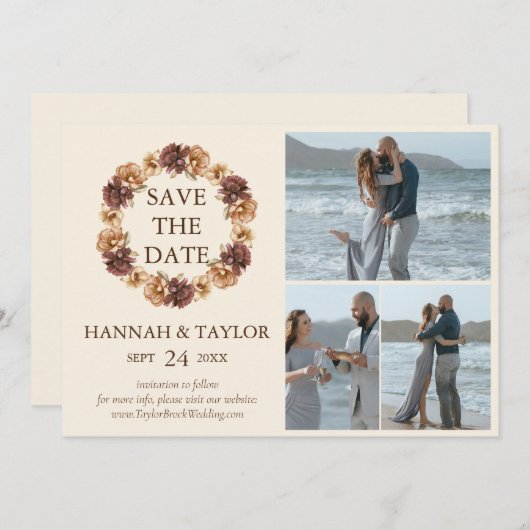 Eleganter Fall Blumenreath 3 FotoCollage Save The Date (Vorne/Hinten)
