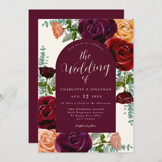 Eleganter Fall Burgund Burnt Orange Wedding Einladung (Vorne/Hinten)