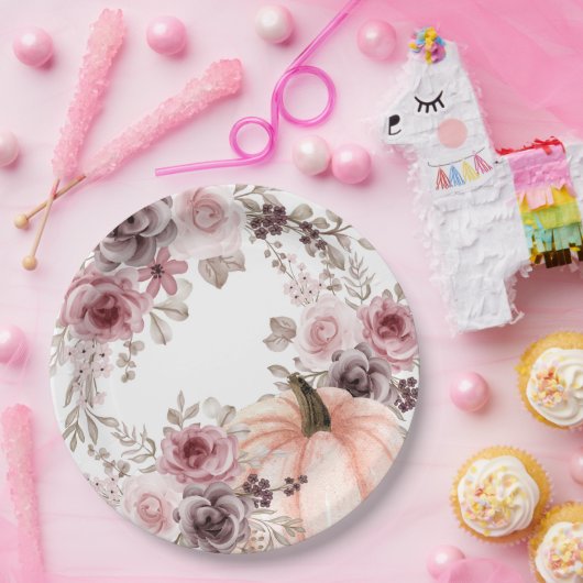 Eleganter Fall Floral Pumpkin Neutrals Wasserfarbe Pappteller (Party)