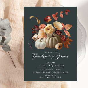 Eleganter Fall Floral & Pumpkins Erntedank Einladung