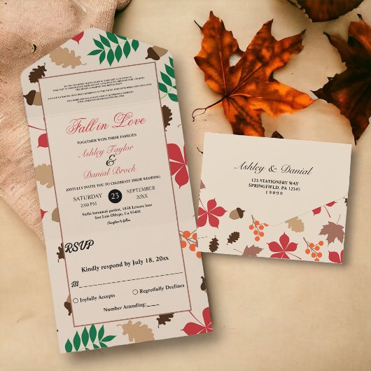 Eleganter Fall in Liebe Blätter Herbstblumenhochze All In One Einladung