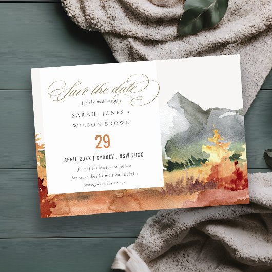 Eleganter Fall Rost Orange Gebirgsbäume Hochzeit Save The Date