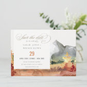 Eleganter Fall Rost Orange Gebirgsbäume Hochzeit Save The Date (Stehend Vorderseite)