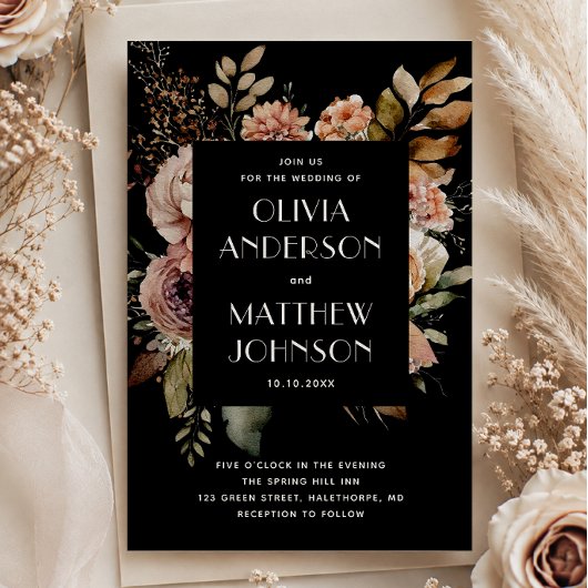 Eleganter Fall schwarz Blumen Hochzeit QR-Code Det Einladung