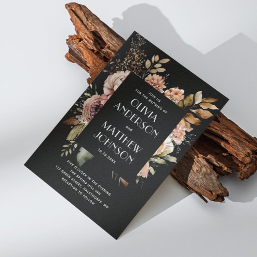 Eleganter Fall schwarz Blumen Hochzeit QR-Code Det Einladung
