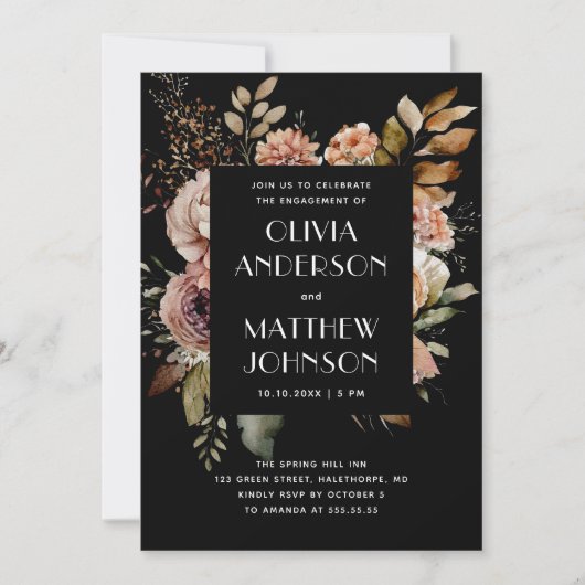 Eleganter Fall schwarz Blumen Hochzeitsfeier Einladung (Vorderseite)