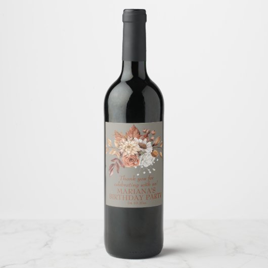 Eleganter Fall Wasserfarbe Blumengrau Weinetikett (Vorderseite)