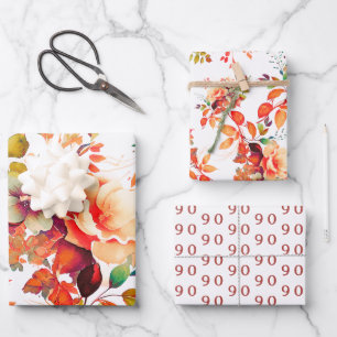 Eleganter Fall Wasserfarbe Floral 90. Geburtstag Geschenkpapier Set