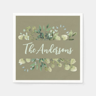 Eleganter Familienname botanische Blätter Olivengr Serviette