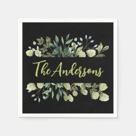 Eleganter Familienname botanische Blätter schwarz Serviette