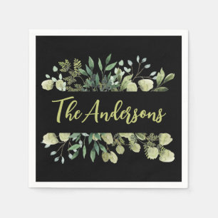 Eleganter Familienname botanische Blätter schwarz Serviette