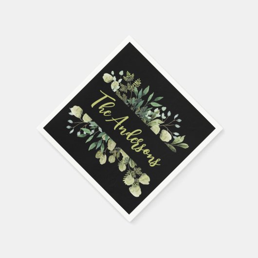 Eleganter Familienname botanische Blätter schwarz Serviette (Ecke)