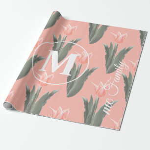 Eleganter Familienname Monogramm Pfirsich Tulpen M Geschenkpapier