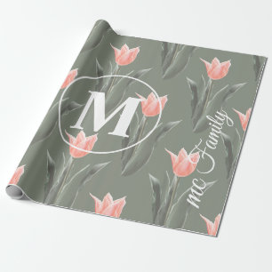 Eleganter Familienname Monogramm Pfirsich Tulpen M Geschenkpapier