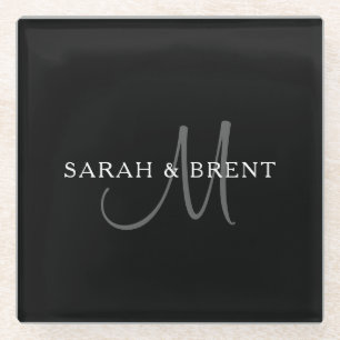 Eleganter Familienname Monogramm Schwarz, Grau & Glasuntersetzer