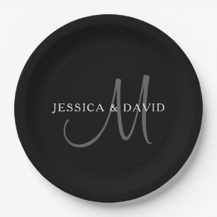 Eleganter Familienname Monogramm Schwarz, Grau & Pappteller