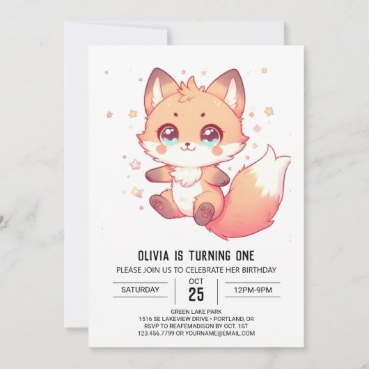 Eleganter Fantasy Fox 1. Geburtstag Einladung (Vorderseite)