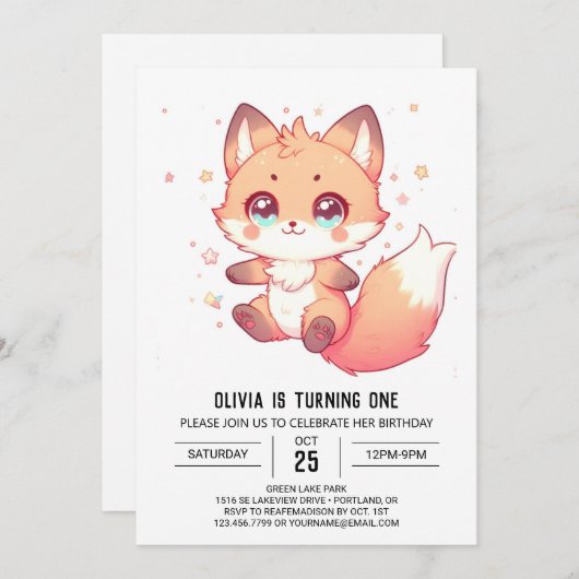 Eleganter Fantasy Fox 1. Geburtstag Einladung (Vorne/Hinten)