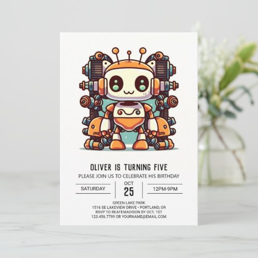 Eleganter farbenfroher antiker Roboter zum Geburts Einladung (Stehend Vorderseite)
