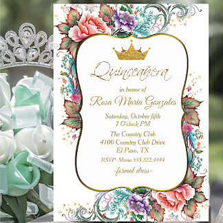 Eleganter farbenfroher Blumenstrauß Quinceñera Geb Einladung