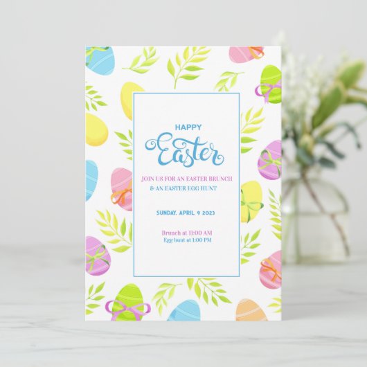 Eleganter farbenfroher Osterbrunch und Eierjagd Einladung (Stehend Vorderseite)