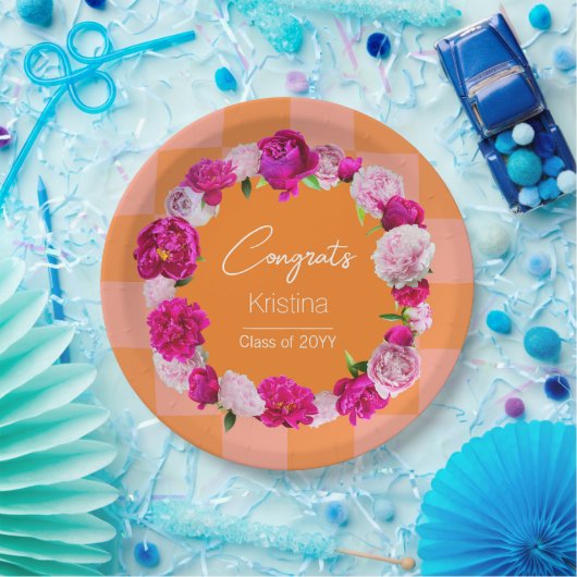 Eleganter, feiner Blumenorange und rosa Karo Absch Pappteller (Party)