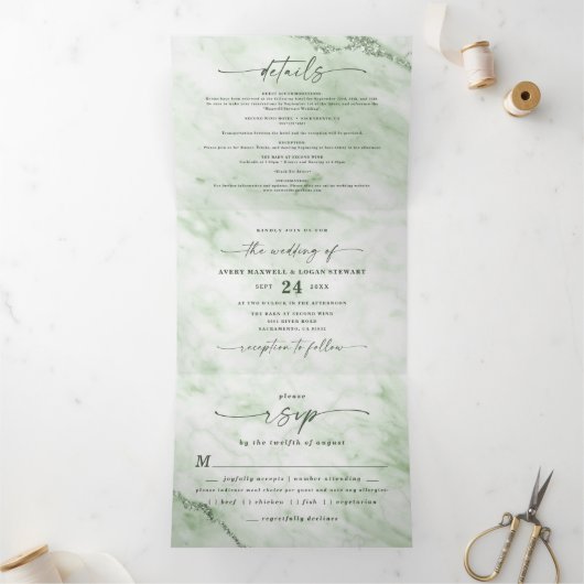 Eleganter Fern Green Marble mit Foil Wedding Dreifach Gefaltete Einladung (Innenseite)
