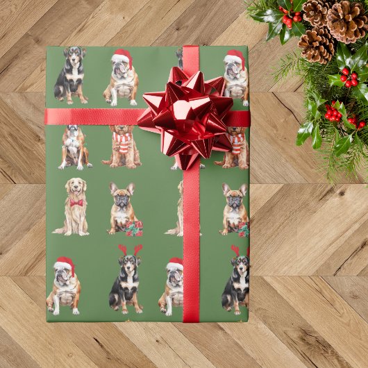 Eleganter festlicher grüner Welpenhund Weihnachten Geschenkpapier
