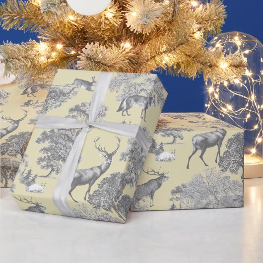 Eleganter festlicher Toile Fox Deer Gray Gold Beig Geschenkpapier (Feiertage)