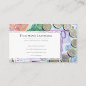 Eleganter Finanzexperte mit weißem Euro-Geld Visitenkarte (Rückseite)