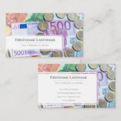 Eleganter Finanzexperte mit weißem Euro-Geld Visitenkarte (Vorne/Hinten)